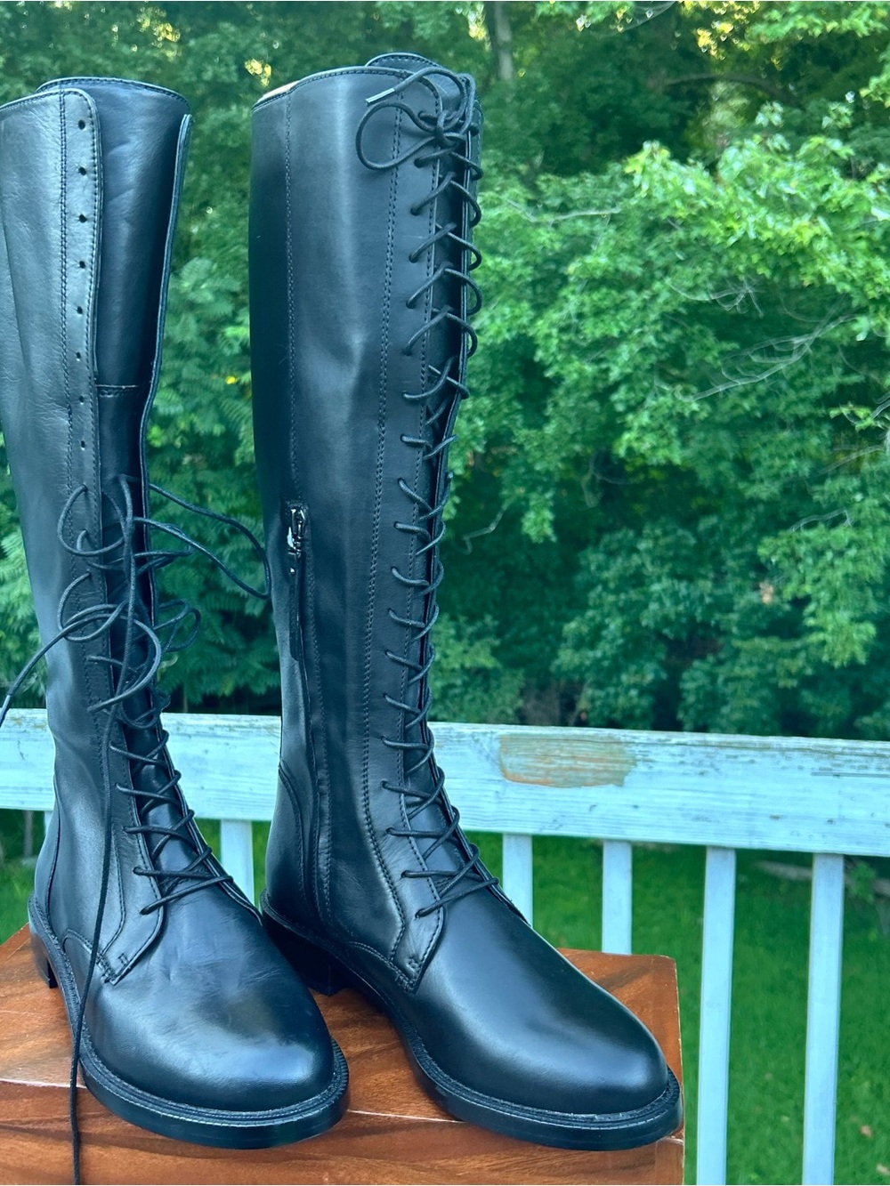 Sam Edelman Nance Black Lace Up Rounded Toe Stacked Heel Leather Knee Boots 9M